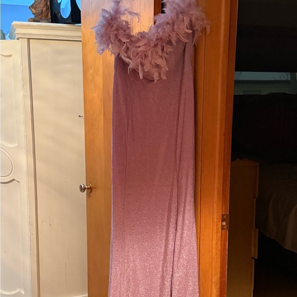 Elegant Lavender Gown with Feather Trim